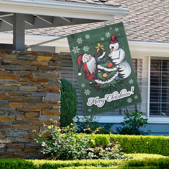 Merry Christmas Santa and Snowman Outside House Flag 28" x 40"